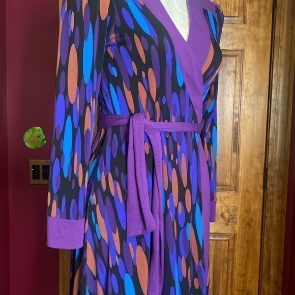 VTG DANIELA CORTE faux wrap dress jersey purple kaleidoscope mod psychedelic S - Picture 5 of 9